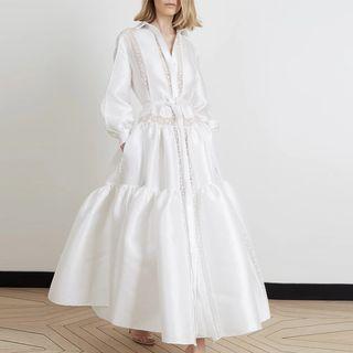 Long-sleeve Lace Panel Maxi A-line Shirt Dress