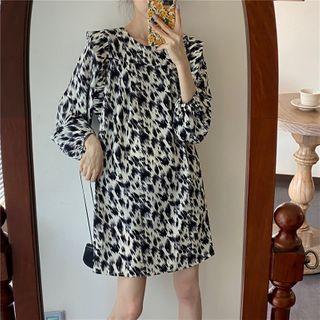 Patterned Long-sleeve Mini Shift Dress As Shown In Figure - One Size