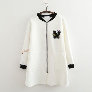 Flower Embroidered Long Bomber Jacket