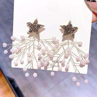 Rhinestone Star Faux Pearl Branches Fringed Earring 1 Pair - As Shown In Figure - One Size