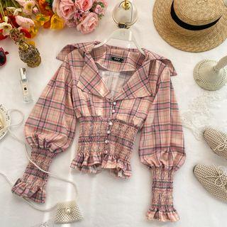 Long-sleeve Plaid Smocked Top