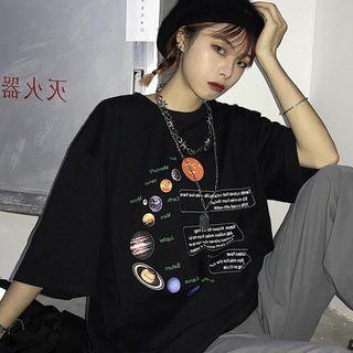 Elbow-sleeve Universe Print T-shirt