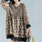 Long-sleeve Leopard Print Chiffon Dress Chocolate - One Size