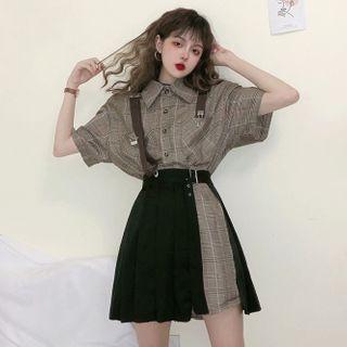 Set: Short Sleeve Plaid Shirtdress + Pleated Wrapped Skirt