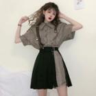 Set: Short Sleeve Plaid Shirtdress + Pleated Wrapped Skirt