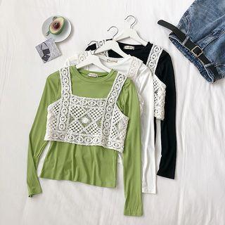 Set Of 2: Long-sleeve T-shirt + Cutout Knit Tank Top