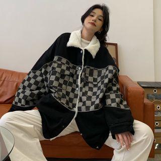 Checkerboard Pattern Panel Denim Jacket