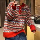 Long-sleeve Color-block Knit Sweater Red - One Size