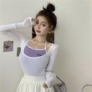 Square-neck Plain Knit Top / Two Tone Lace Tank Top