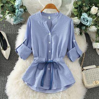 Elbow-sleeve Band-neck Shirt