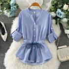 Elbow-sleeve Band-neck Shirt