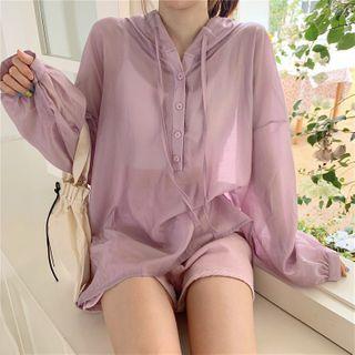 Sheer Half-button Hooded Long-sleeve Top