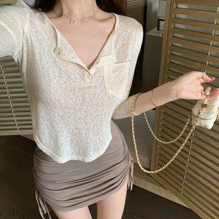 Long-sleeve V-neck Sheer Top / High-waist Plain Drawstring Skirt
