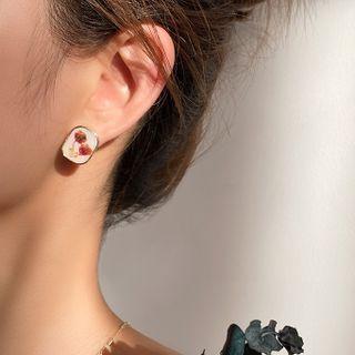 Floral Disc Sterling Silver Ear Stud 1 Pair - Red & White & Gold - One Size
