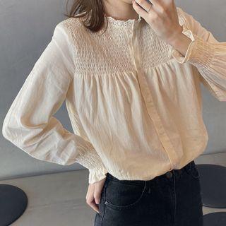 Long-sleeve Smocked Blouse Almond - One Size
