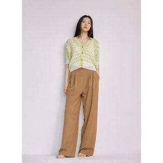 Elbow-sleeve Stripe Open Knit Cardigan Lime Green - One Size
