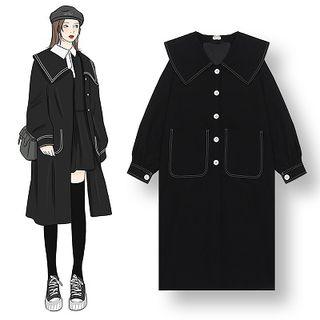 Collared Long-sleeve A-line Dress / Contrast Stitching Single-breasted Long Jacket