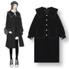 Collared Long-sleeve A-line Dress / Contrast Stitching Single-breasted Long Jacket