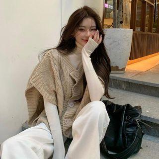 Sleeveless Plain Knit Cardigan / Long-sleeve Turtle Neck Plain Top