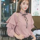 Frill Trim Bow Long-sleeve Blouse