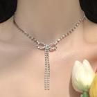 Rhinestone Bow Fringed Necklace 1 Pc - 0571a - Rhinestone Bow Fringed Necklace - One Size