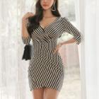 3/4 Sleeve Stripe V-neck Sheath Dress