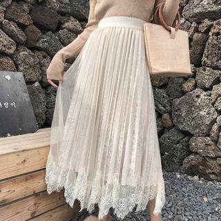 Lace Overlay Midi Velvet Skirt