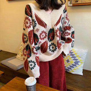 Floral Print V-neck Sweater As Shown In Figure - One Size