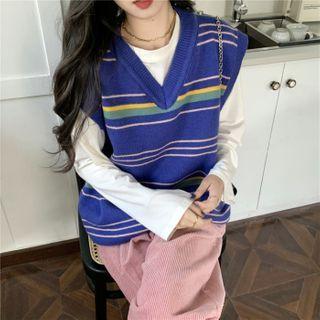 Denim Shirt / Striped Sweater Vest