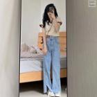 Short-sleeve V-neck Color-block Top / High-waist Slit Jeans