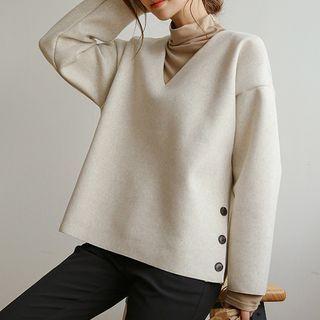 V-neck Button-side Woolen Top
