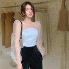 Long-sleeve Tie-back Mesh Top / Wide Leg Pants