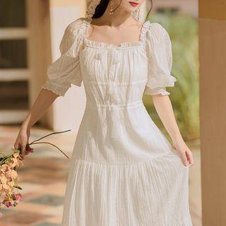 Puff-sleeve Frill Trim Tiered Midi A-line Dress