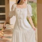 Puff-sleeve Frill Trim Tiered Midi A-line Dress