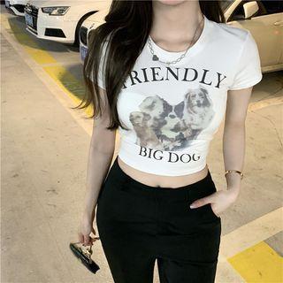 Short-sleeve Dog Print Cropped T-shirt White - One Size