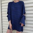 Long-sleeve Cutout Striped T-shirt Blue - One Size