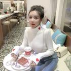 Long-sleeve Turtleneck Heart Embroidered Knit Top