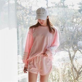 Set: Contrast-sleeve Sweatshirt + Drawstring-waist Shorts