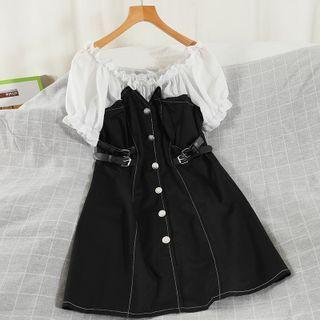 Puff-sleeve Paneled Buckled A-line Dress