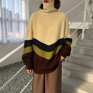 Turtleneck Contrast Panel Sweater As Shown In Figure - One Size