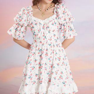 Lantern-sleeve Square-neck Floral Embroidered Bow Dress
