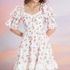 Lantern-sleeve Square-neck Floral Embroidered Bow Dress