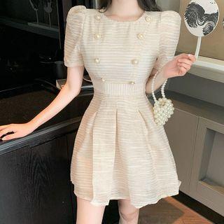 Short-sleeve Striped Faux Pearl A-line Dress