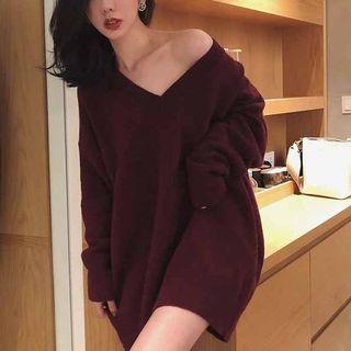 Long Sleeve V-neck Plain Knit Dress Wine Red - One Size