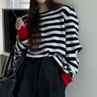 Cutout Sleeve Striped Sweater Stripes - Black & White - One Size