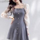Long-sleeve Lace Pleated A-line Dress