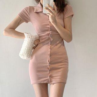 Collared Short-sleeve Button Mini Bodycon Dress