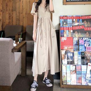 Short-sleeve A-line Midi Dress Beige - One Size