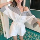 Mock Two-piece 3/4-sleeve Color Block Playsuit