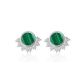 Sterling Silver Simple Fashion Geometric Round Imitation Malachite Stud Earrings Silver - One Size